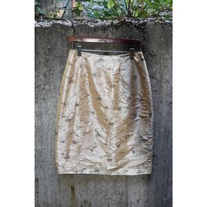 Vintage Ivory Embroidered Silk Lined Pencil Skirt – Size M